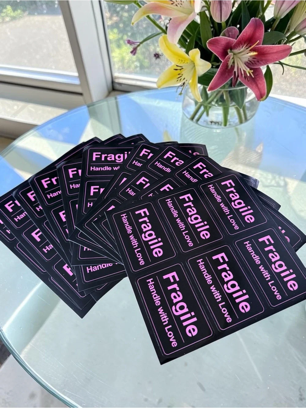 Fragile Handle With LOVE Black and Pink Stickers - 60 Count